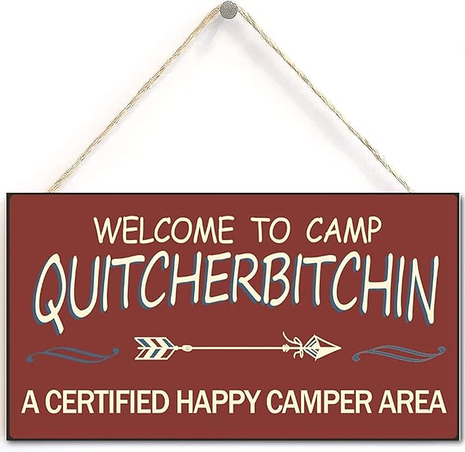 Buslint Personalized Wood Camp Signs Welcome to Camp Quitcherbitchin Hanging Wooden Signs for Home Decor Art Crafts for Outdoor Decoration 12”x6” (Navy-124)