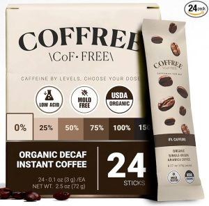 COFFREE Organic Instant Coffee Packets - 0% Decaf Convenient Coffee Sticks, Mold Free, Low Acid Arabica Beans for On-the-Go Energy - Hot or Cold Balanced Taste Single Serve Travel Packets 24 Count