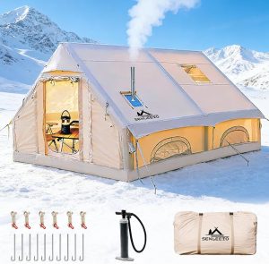 Inflatable Camping Tents 8-10 Person,129 Square Feets Large Inflatable Camping Tent with Stove Jack,Blow up Tent with Mesh Windows & Pump