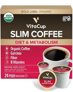 VitaCup Slim Organic Coffee Pods, Diet Support with Ginseng, Garcinia, B Vitamins, Bold Medium Dark Roast, Single Serve Pod, Compatible with Keurig K-Cup Brewers,24 Ct